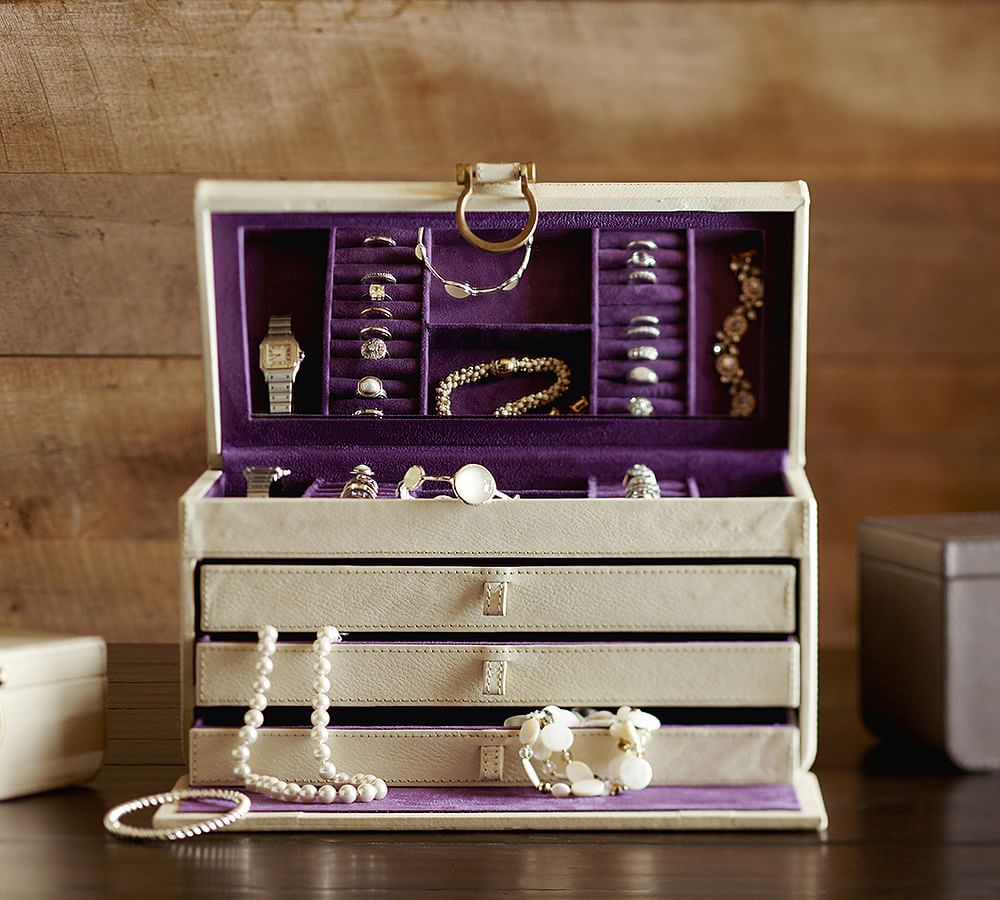 Pebble Leather Large Ivory Jewelry Box Pottery Barn
