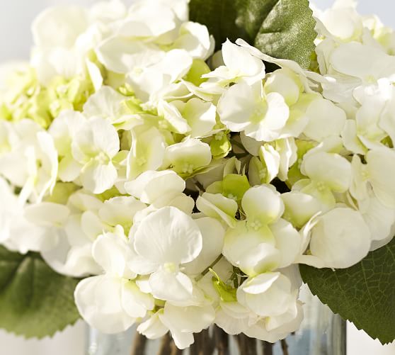 Faux White Hydrangea Arrangement in Glass Vase Artificial Flowers