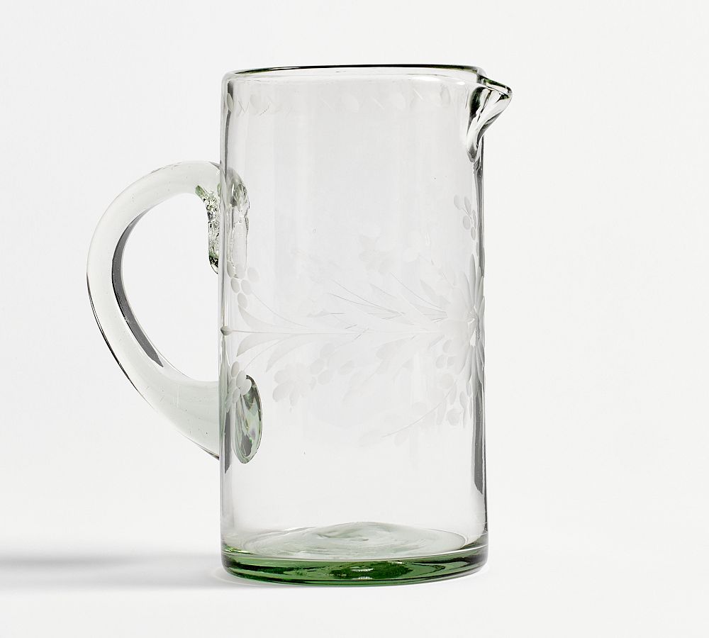 Etched Floral Recycled Glass Pitcher