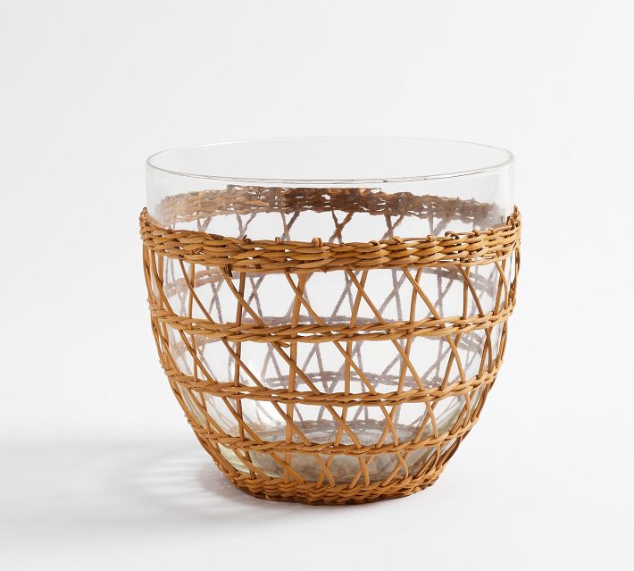 Glass salad bowl with woven rattan holder