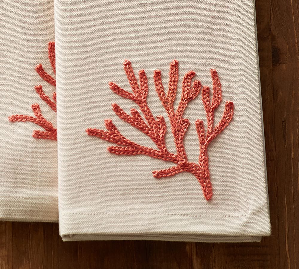 Embroidered Coral Napkin, Set of 4 | Pottery Barn