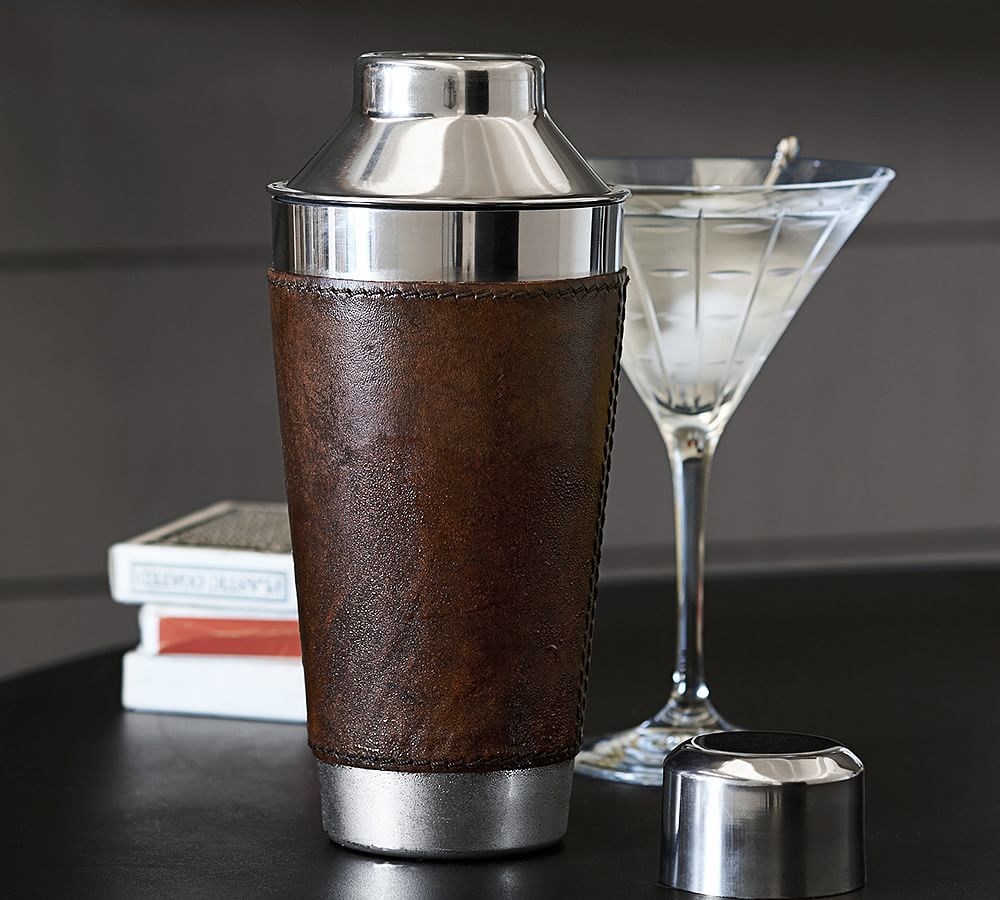 Martini Shaker and Leather Coaster Set