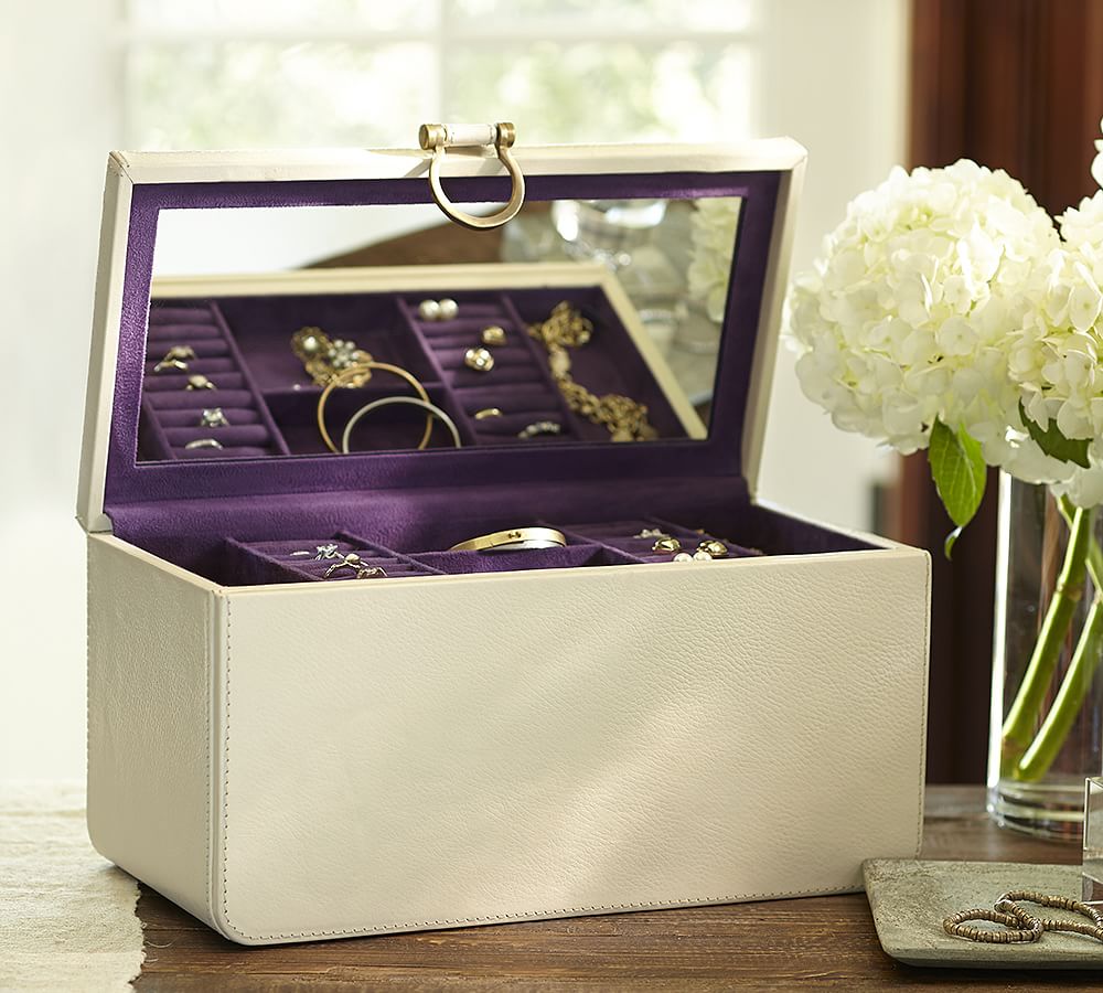Pebble Leather Large Ivory Jewelry Box Pottery Barn