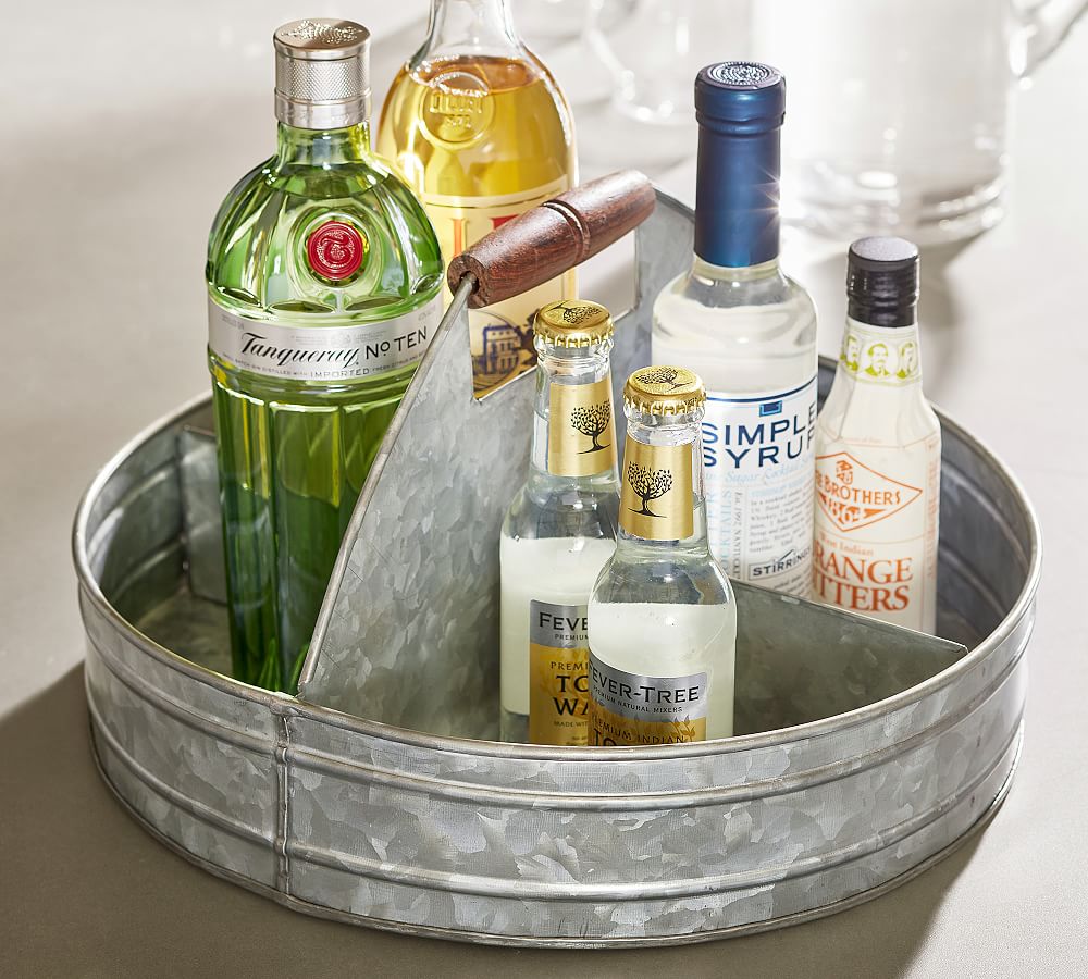 Galvanized Metal Picnic Caddy with Mango Wood Handle Kitchen