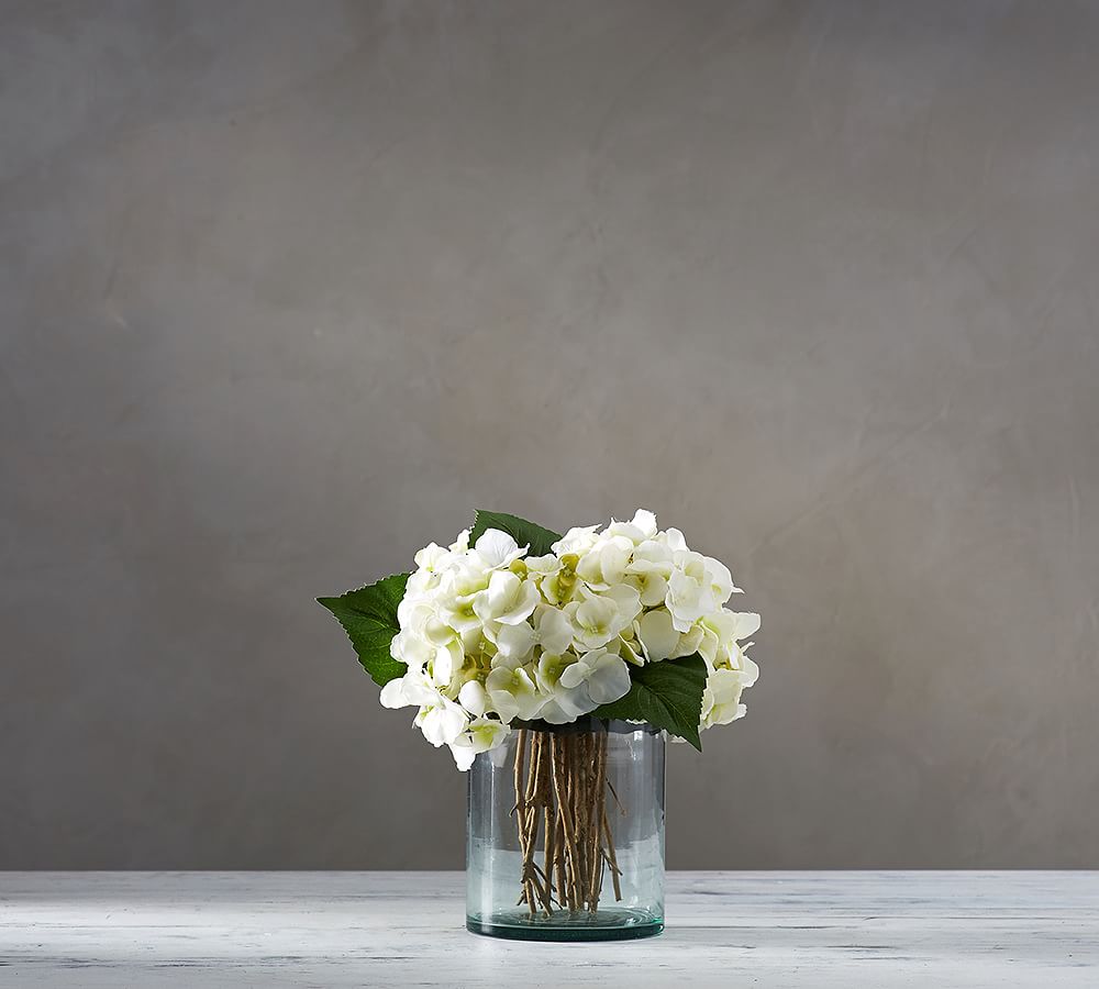 Faux White Hydrangea Arrangement in Glass Vase Artificial Flowers Pottery Barn