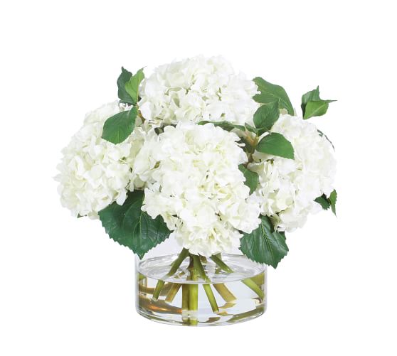 Faux White Hydrangeas In Glass Vase | Artificial Flowers | Pottery Barn