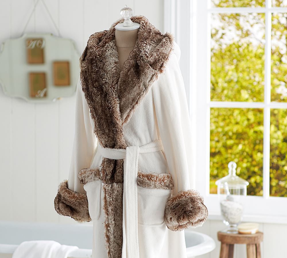 Faux Fur Hooded Bath Robe Ivory Caramel Ombre Pottery Barn