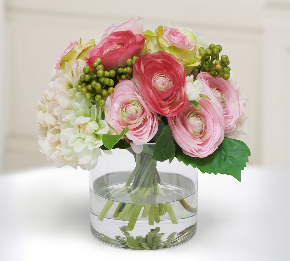 Faux Rose and Hydrangea in Cylinder Vase