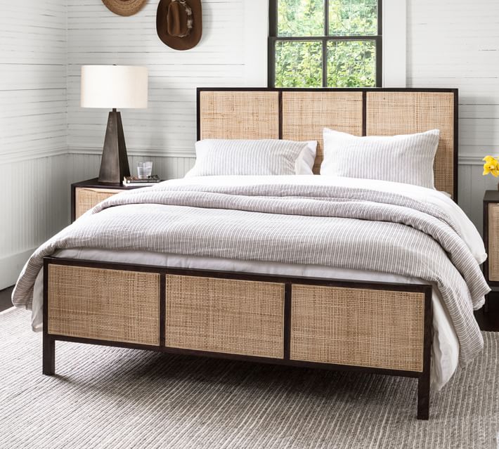 Four Hands Prescott Sydney Wood King Panel Bed in Black Wash Natural Cane