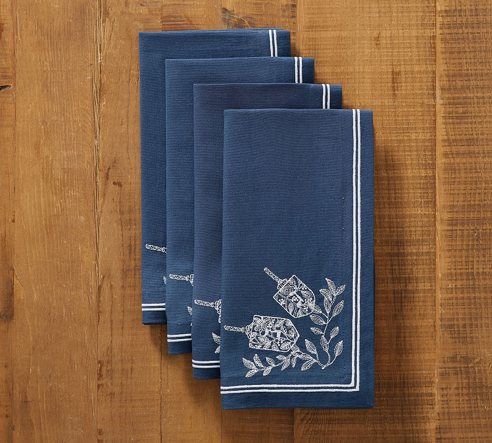 Vibhsa Table Cloth Napkins with Blue Embroiderey, Set of 4 - Blue