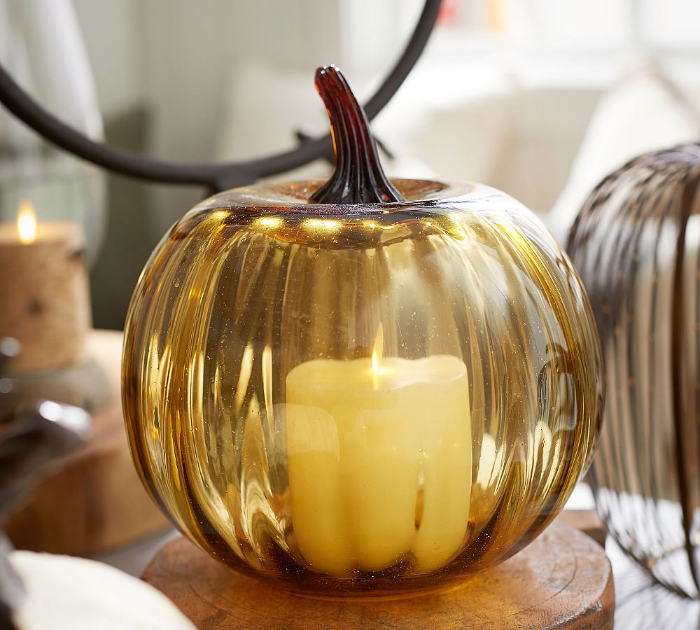 Colored Recycled Glass Pumpkin Cloche Amber Candle Holder Pottery