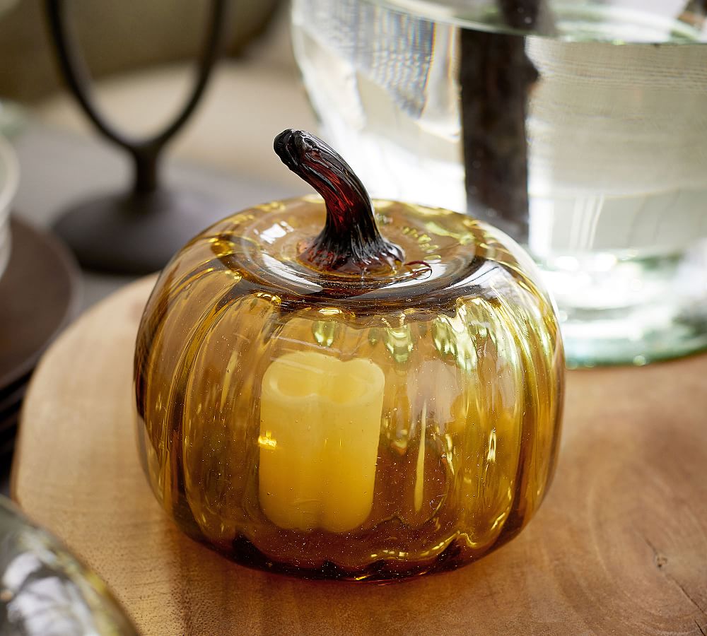Colored Recycled Glass Pumpkin Cloche Amber Candle Holder Pottery