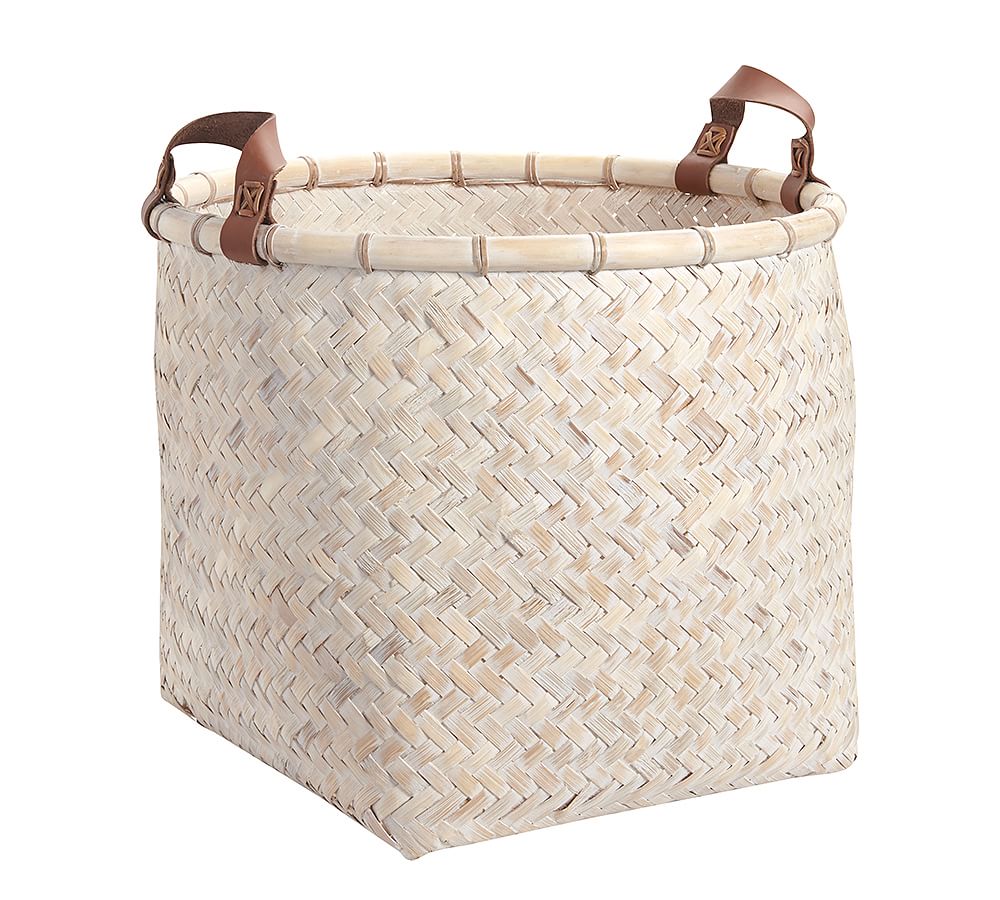 Woven Basket With Leather Handles Set of 2