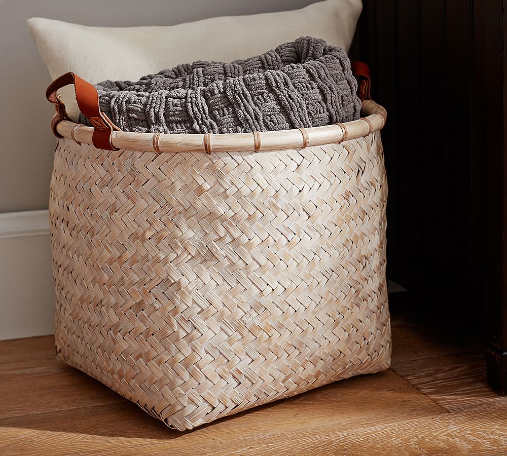 Woven Basket With Leather Handles Set of 2