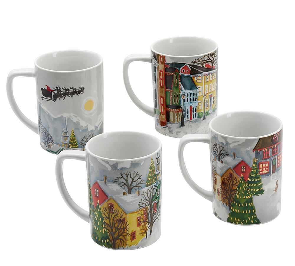 Vintage Christmas Village Mug, Set of 4