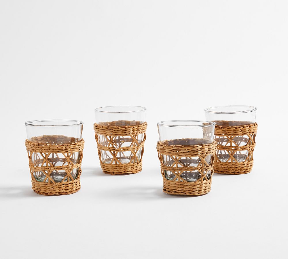 Handwoven Wicker and Glass Tumblers - Set of 4