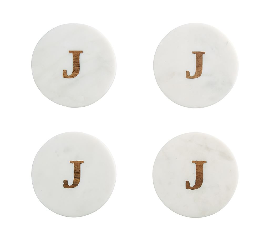 Handmade Alphabet Marble & Wood Coasters - Set of 4