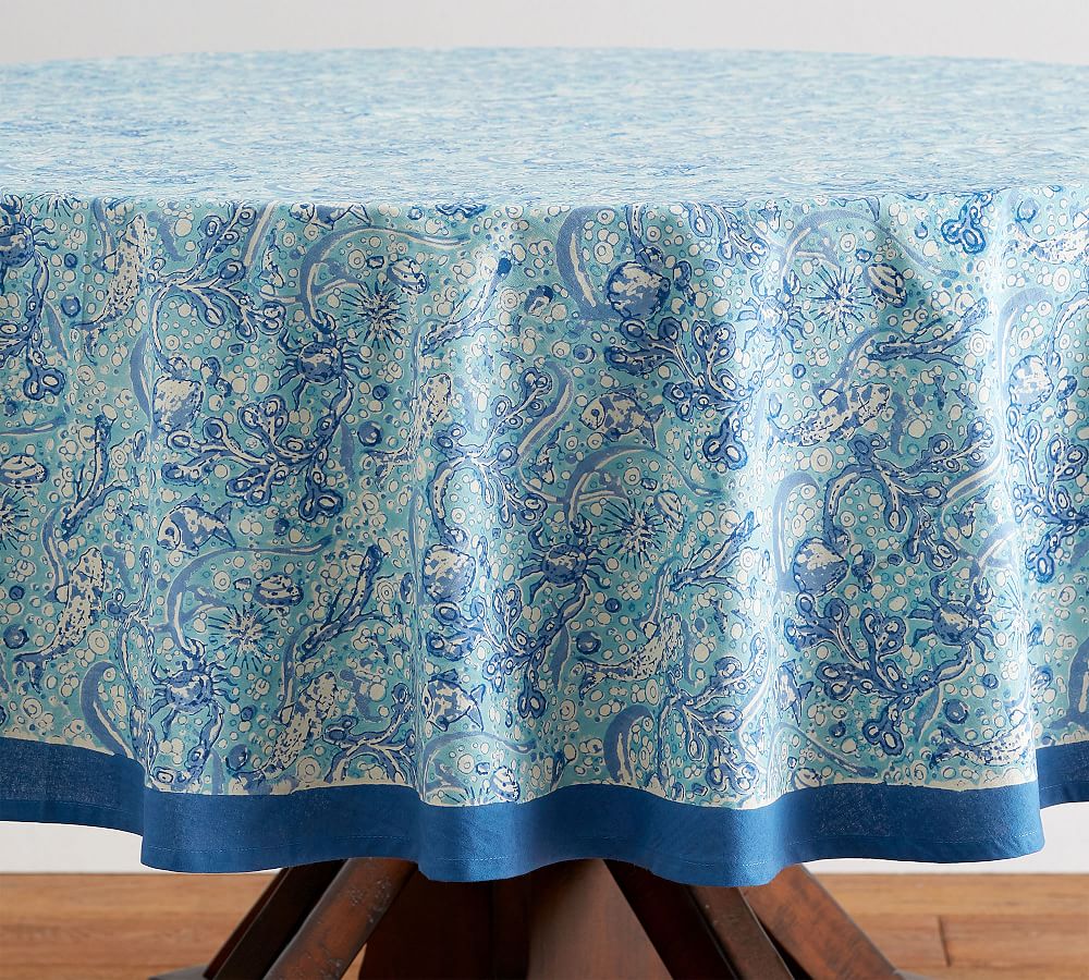 La Mer Block Print 70" Round Cotton Tablecloth