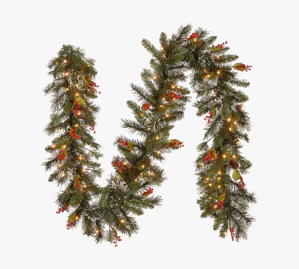 Lit Faux Wintry Pine Wreath & Garland With Clear Lights