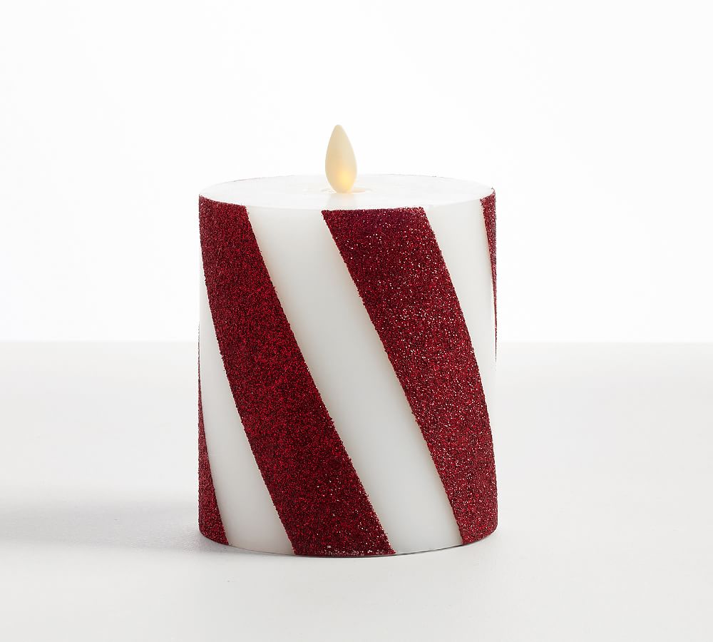Premium Flickering Flameless Wax Pillar Candles - Candy Striped