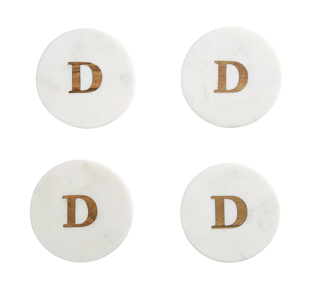 Pottery Barn Handmade Alphabet Marble Wood Coasters Set of 4