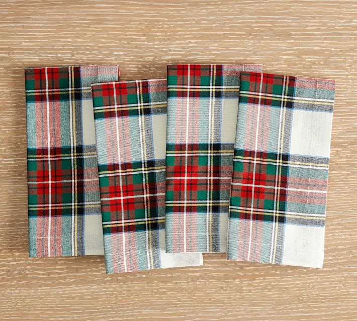 4 Cloth Napkins Plaid Yellow Cotton 13” Square