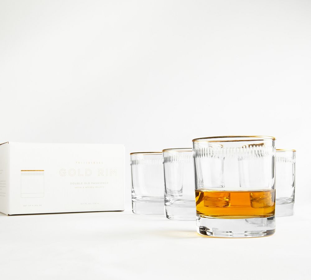 Etched Gold Rim Handcrafted Double Old Fashioned Glasses - Set of 4