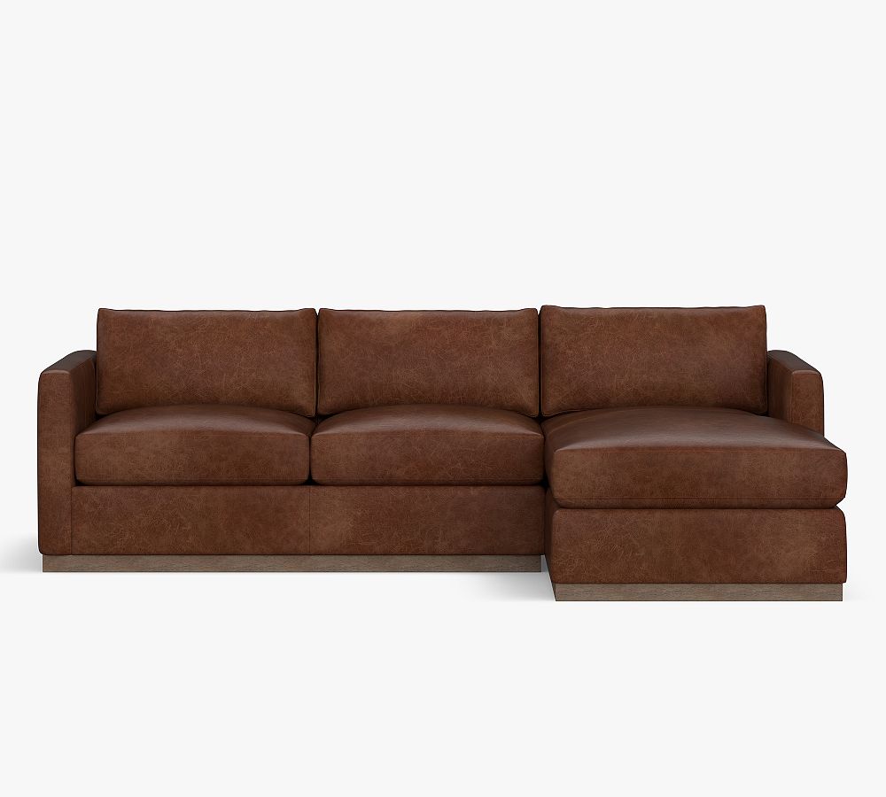 Carmel Square Slim Arm Leather Sofa Chaise Sectional with Wood Base
