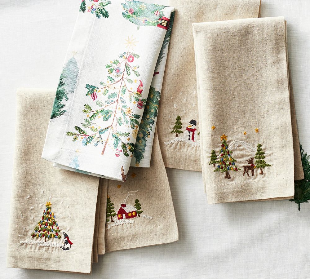 Christmas in the Country Embroidered Cotton/Linen Napkins - Set of 4 ...
