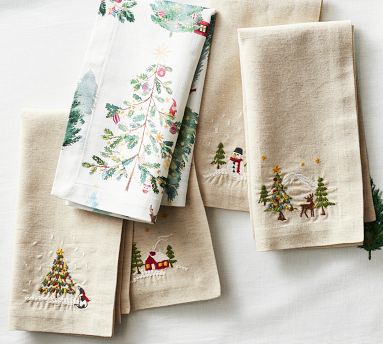 Christmas in the Country Embroidered Cotton/Linen Napkins - Set of 4 ...