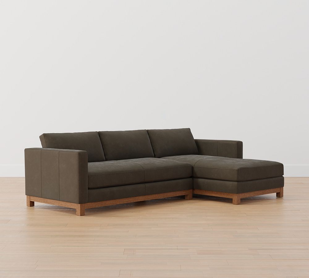 Jake Leather Sofa Chaise Sectional with Brindle Wood Base Pottery Barn