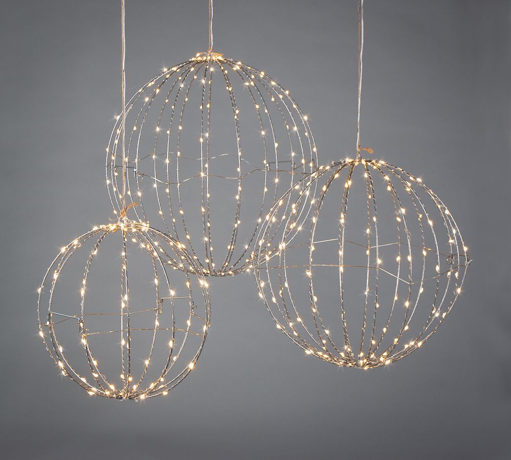 Hanging Silver Spheres With Warm White Lights  - Set of 3