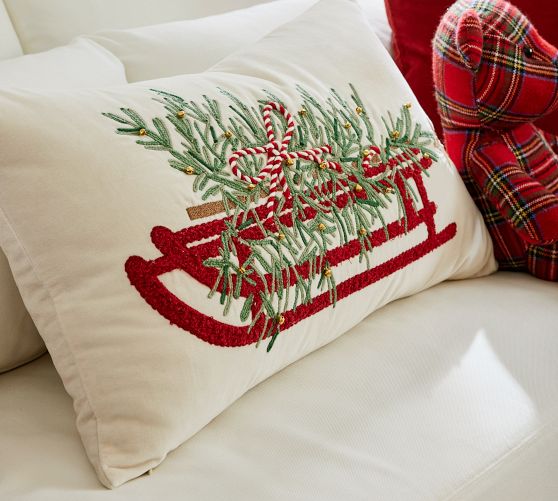 Christmas Tree Sled Embroidered Lumbar Pillow | Pottery Barn