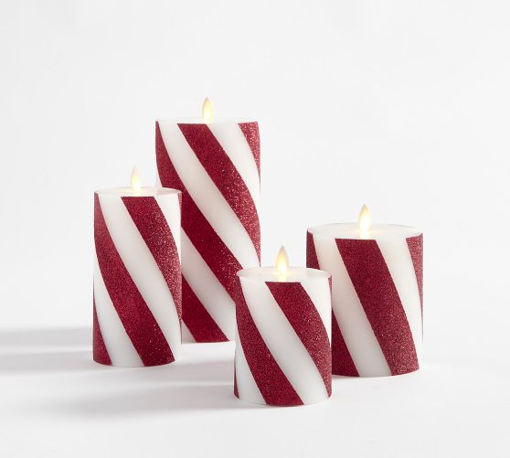 Premium Flickering Flameless Wax Pillar Candles Candy Striped