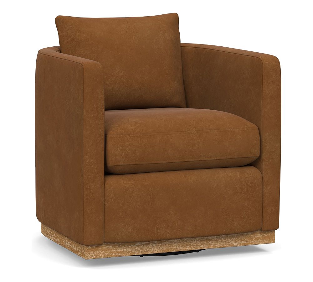 Ayden Barrel Leather Swivel Armchair with Wood Base