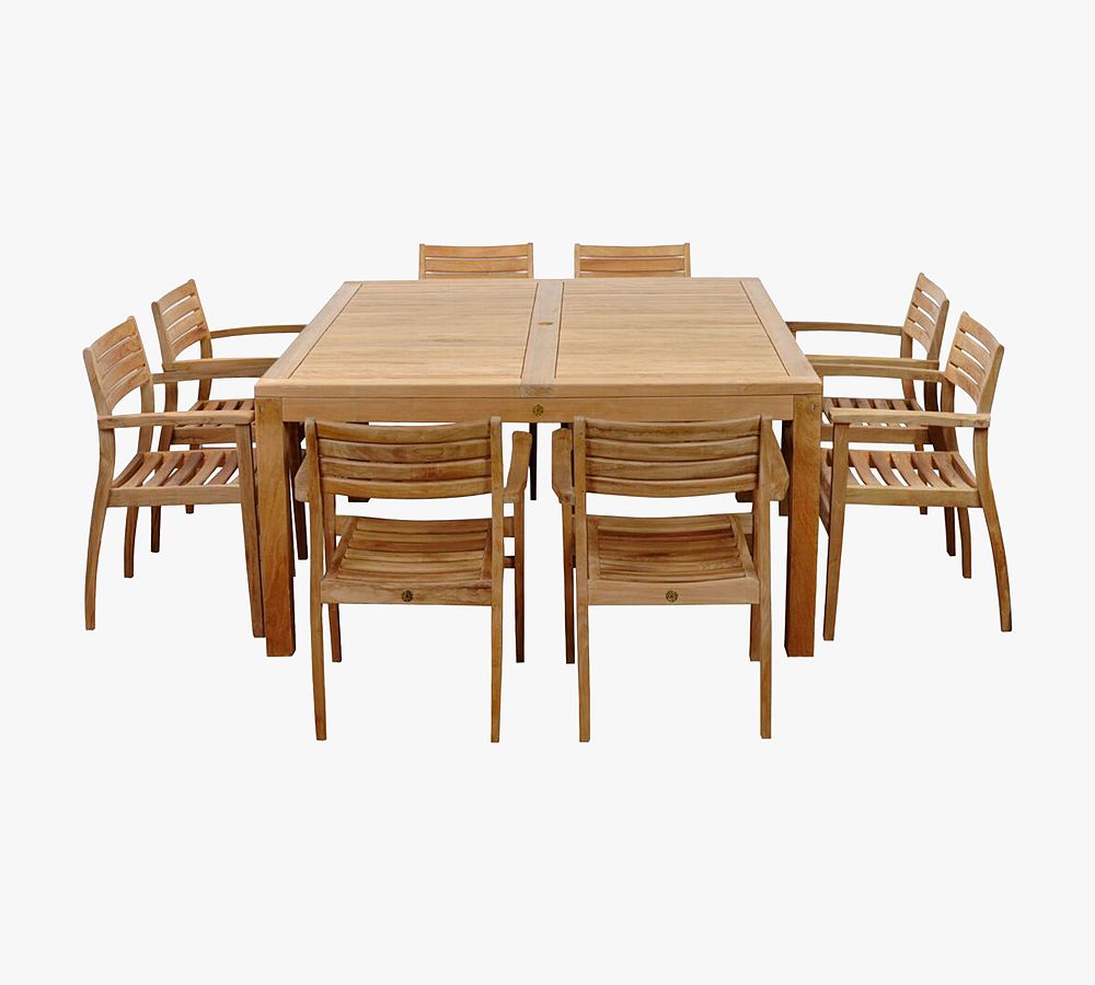 Saldano 9-Piece Teak Square Dining Table with Monza Stackable Dining Armchair Set