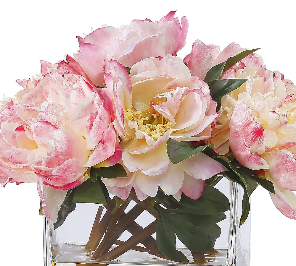 Faux Peonies in Square Glass Vase