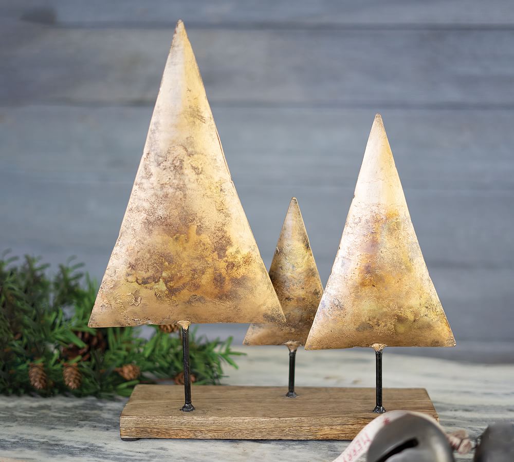 Antique Gold Christmas Trees Trio On Wooden Base | Pottery Barn