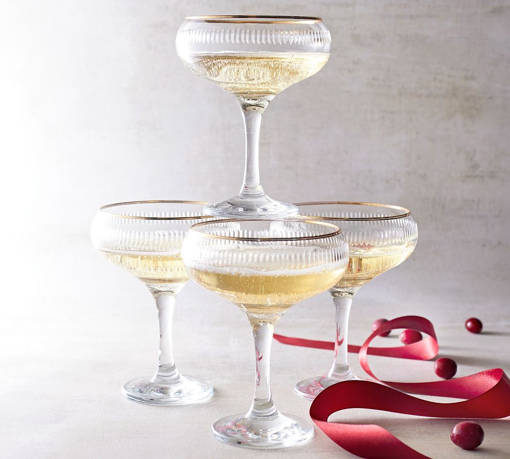 Vintage Crystal Champagne Coupe Gold Rim Glasses, Set of 2