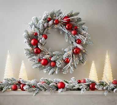 Lit Faux Frosted Pine & Ornaments Wreath & Garland | Pottery Barn