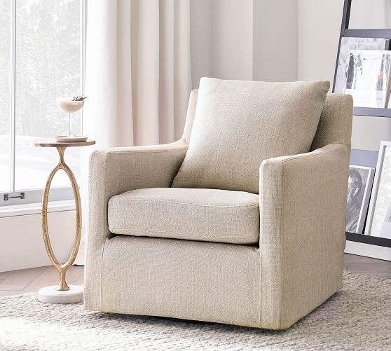 Ayden Square Arm Upholstered Swivel Glider | Pottery Barn