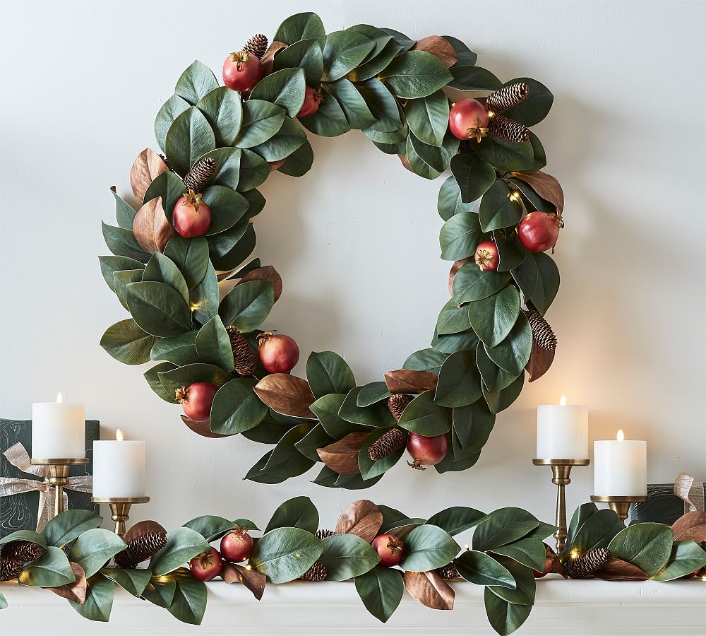 PreLit Faux Magnolia & Pomegranate Garland Pottery Barn