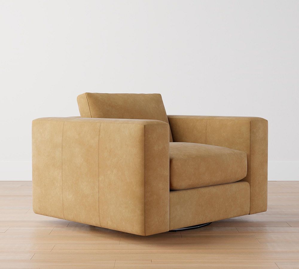 Carmel Square Wide Arm Leather Swivel Armchair Pottery Barn