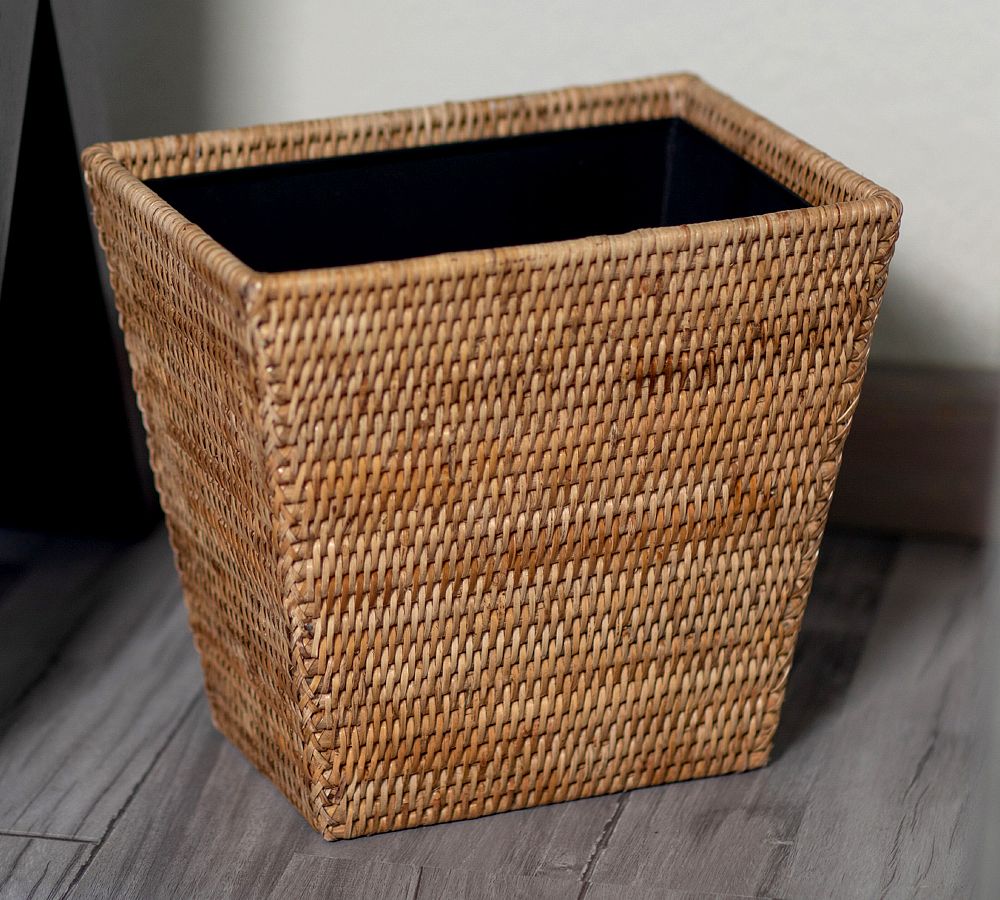 Pottery Barn Tava Handwoven Rattan Round Waste Basket With Metal