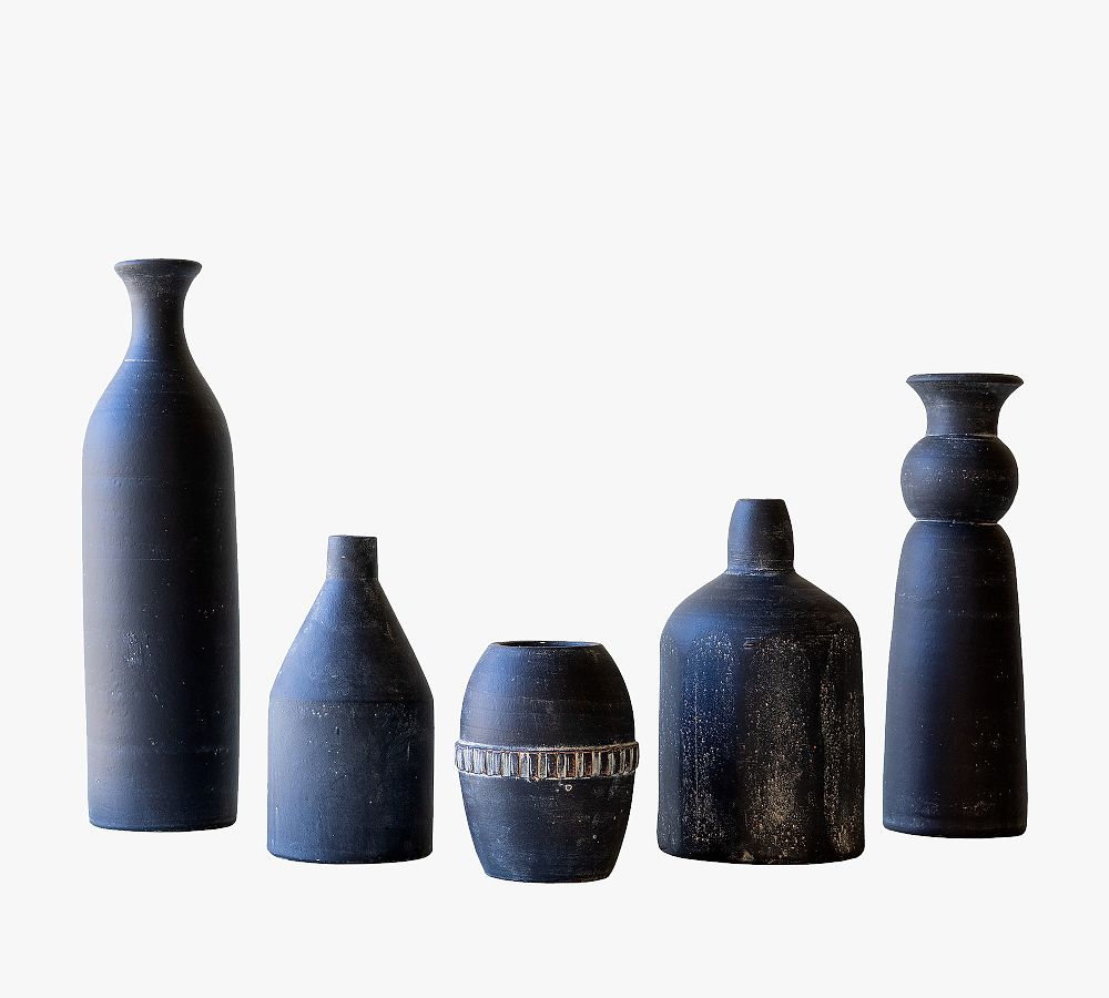 Modern Black Handcrafted Clay Vases - Set of 5
