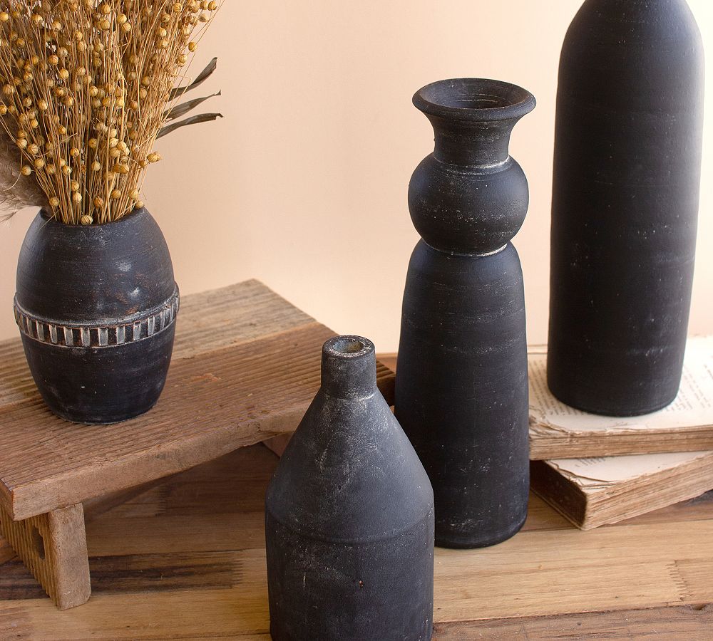 Modern Black Handcrafted Clay Vases - Set of 5