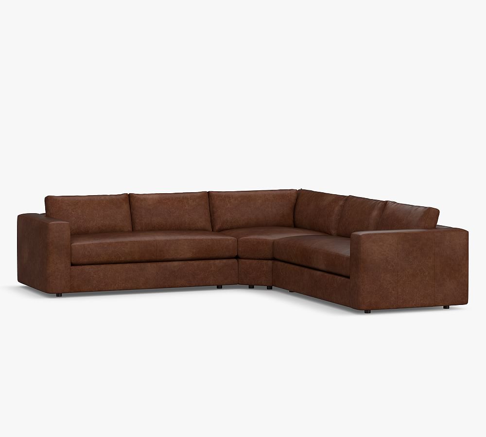 Carmel Square Wide Arm Leather 3-Piece L-Shaped Sectional with Wedge