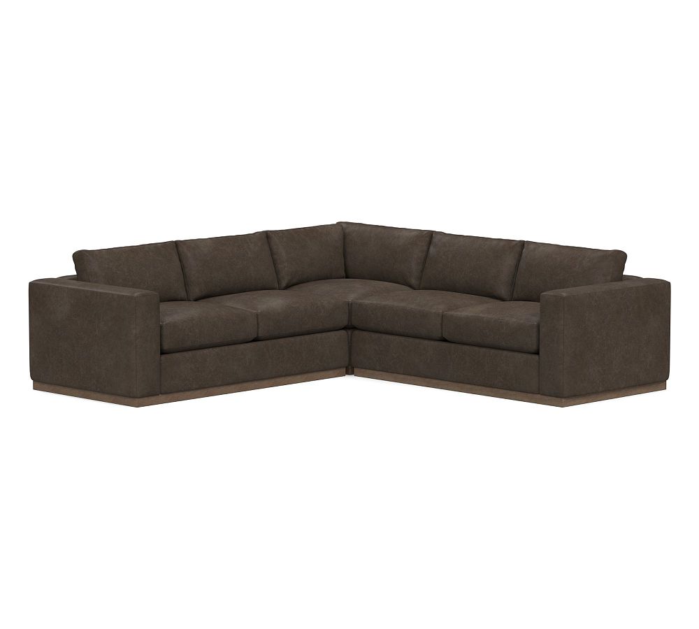Carmel Square Wide Arm Leather 3-Piece L-Shaped Corner Sectional with Wood Base