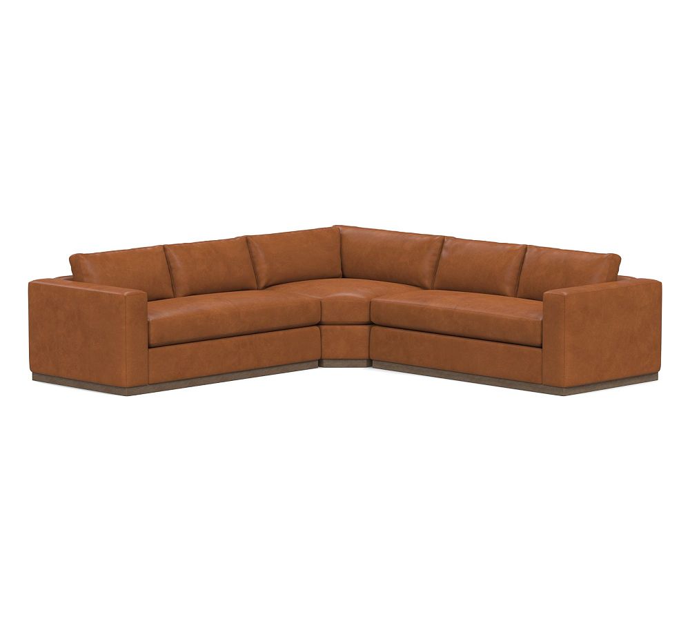 Carmel Square Wide Arm Leather 3-Piece L-Shaped Wedge Sectional with Wood Base