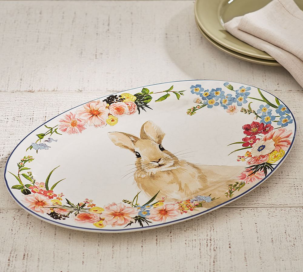 Floral Bunny Stoneware Serving Platter